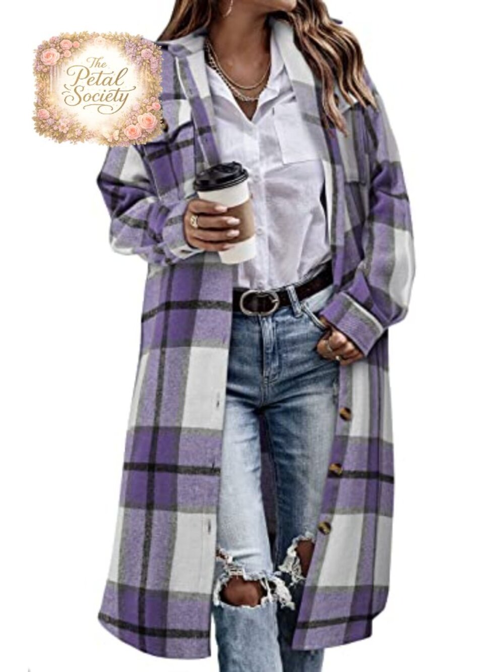 Plaid Flannel Shacket Long Oversized Button Down Corduroy Jacket